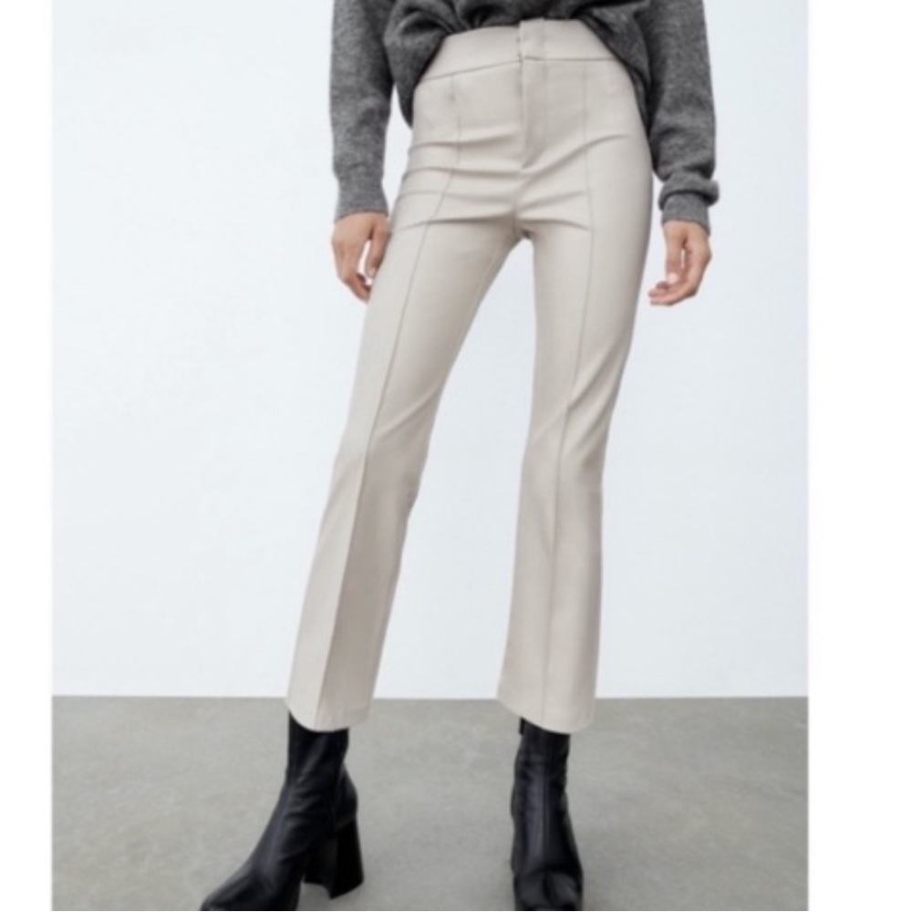 Zara cream faux leather high rise cropped leggings
